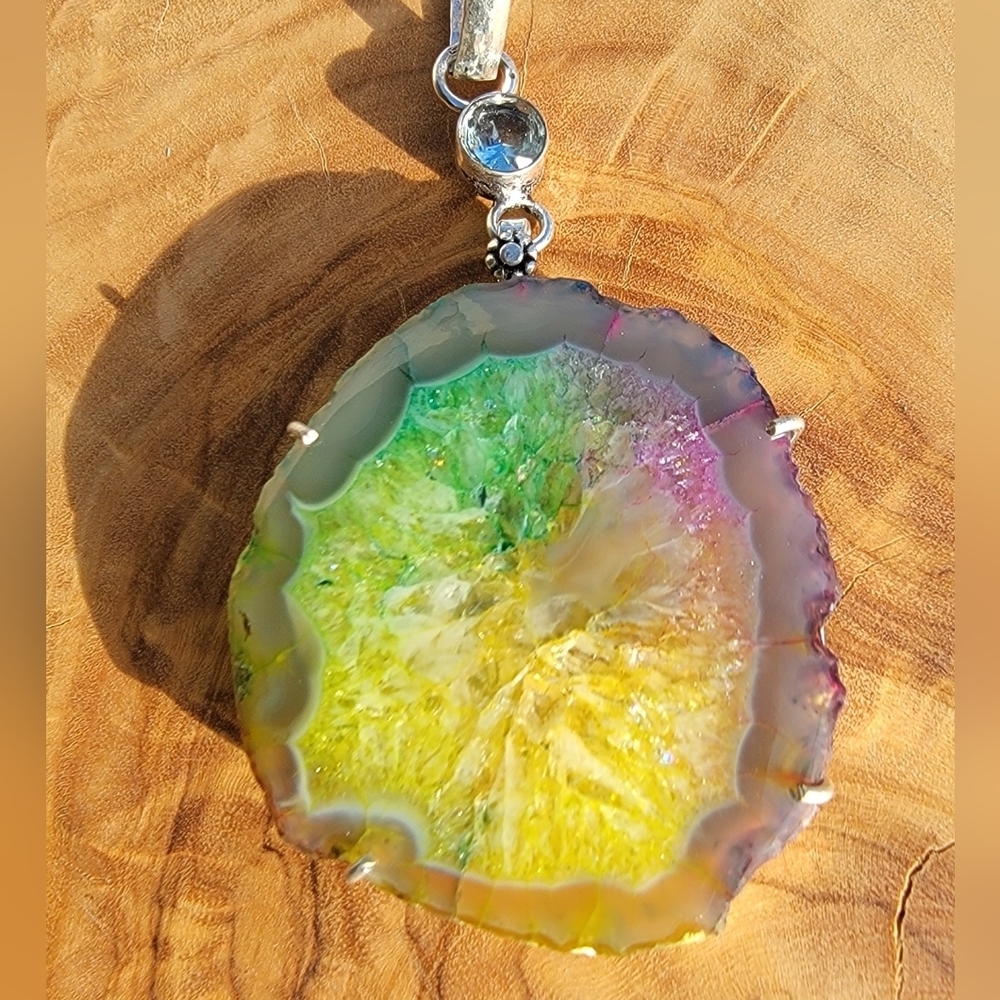 925 Silver Plated Rainbow Solar Quartz Blue Topaz 2.75" Pendant Natural Gemstone